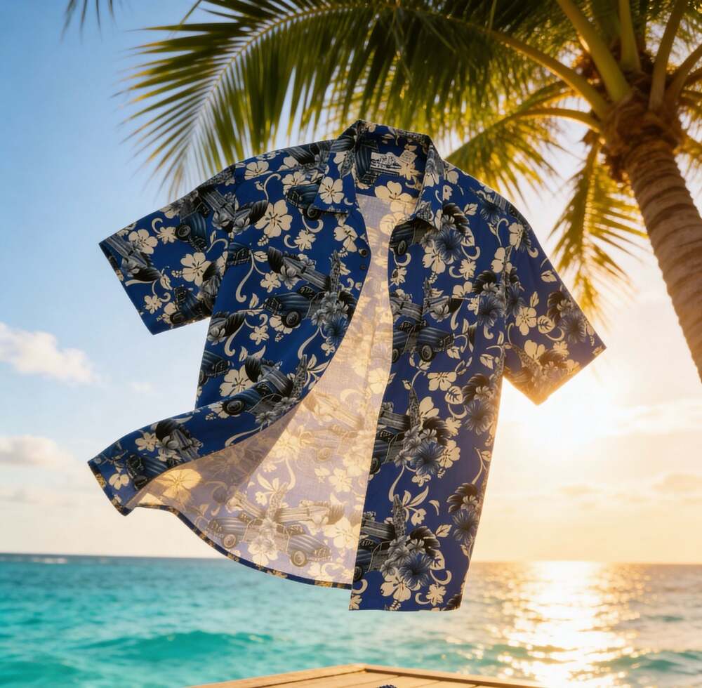 Pineapple Connection Vintage Classic Cars Surfboard Print Rayon Hawaiian Shirt